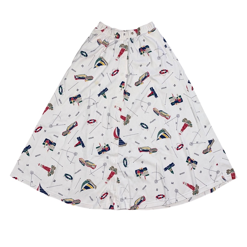 White Stag Nautical Lighthouse Sailboat Button Front Midi Skirt Womens Small